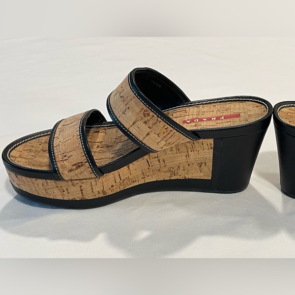 PRADA | Cork Wedge Sandals | Black | Size 37 - Picture 2 of 15